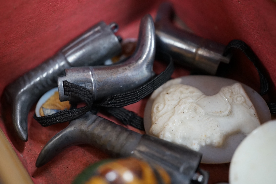 A 19th century yellow metal mounted intaglio pendant, assorted unmounted cameos, snuff box and collectables. Condition - varies
